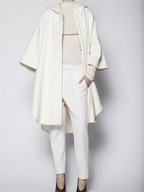KES wool hooded cape coat zip front natural ecru cream 3/4 sleeves Small $875